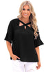 Sexy Black Crisscross Neck Lace Insert Bell Sleeve Top